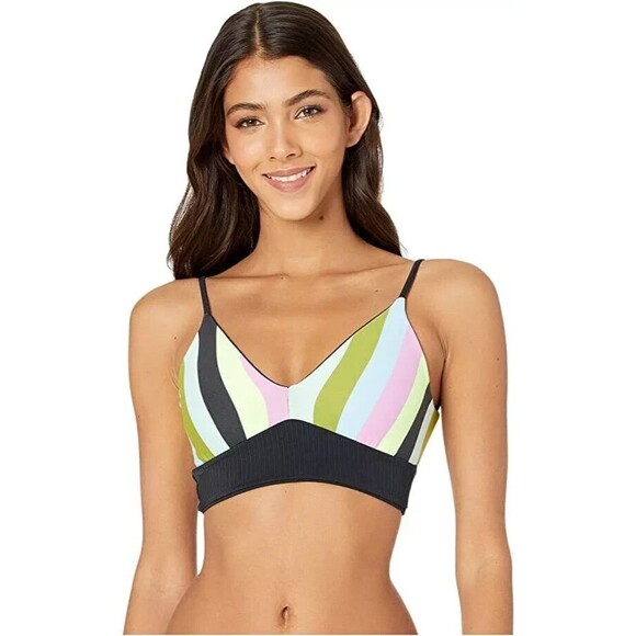 NEW Maaji Daydream Long Line Tri Reversible Bikini Top S Black Striped to Solid - Picture 1 of 5